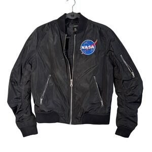 Forever 21 NASA Bomber Jacket Black Embroidered Space Explorer Women's Medium